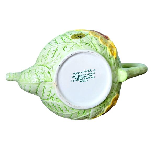 Vintage Seymour Mann Sunflower Teapot Hand Painted Faience Yellow Green Ceramic - Picture 9 of 10